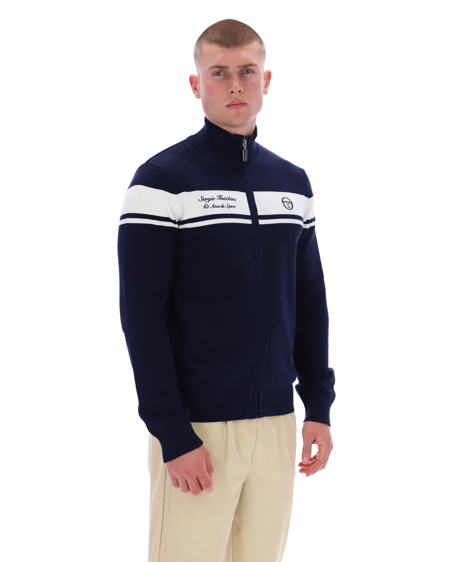 Sergio Tacchini 60th Anniversary Capomasters track top in maritime blue and gardenia, with sporty design and branded logo.