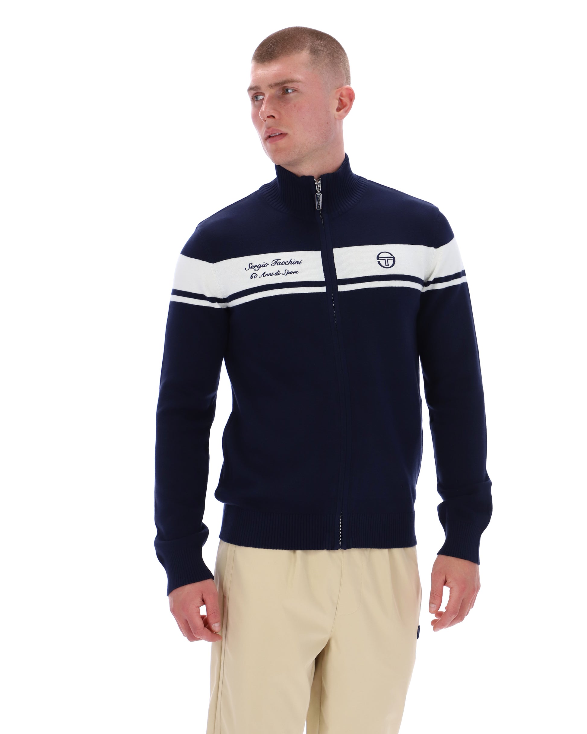 Sergio Tacchini 60th Anniversary Capomasters Track Top in maritime blue and gardenia, with sporty design and zip-up front.