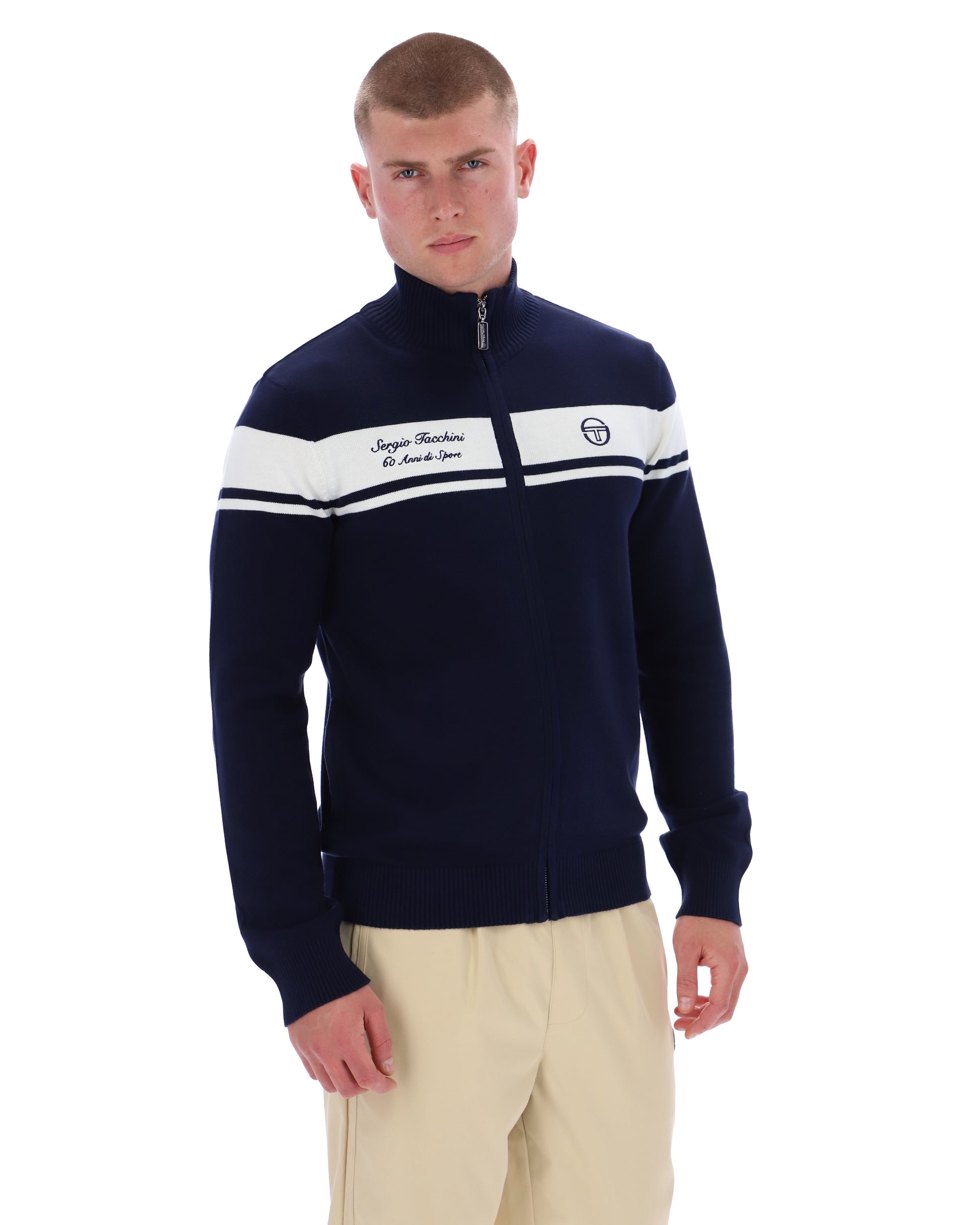 Sergio Tacchini 60th Anniversary Capomasters Track Top in maritime blue and gardenia, featuring sporty design and logo details.