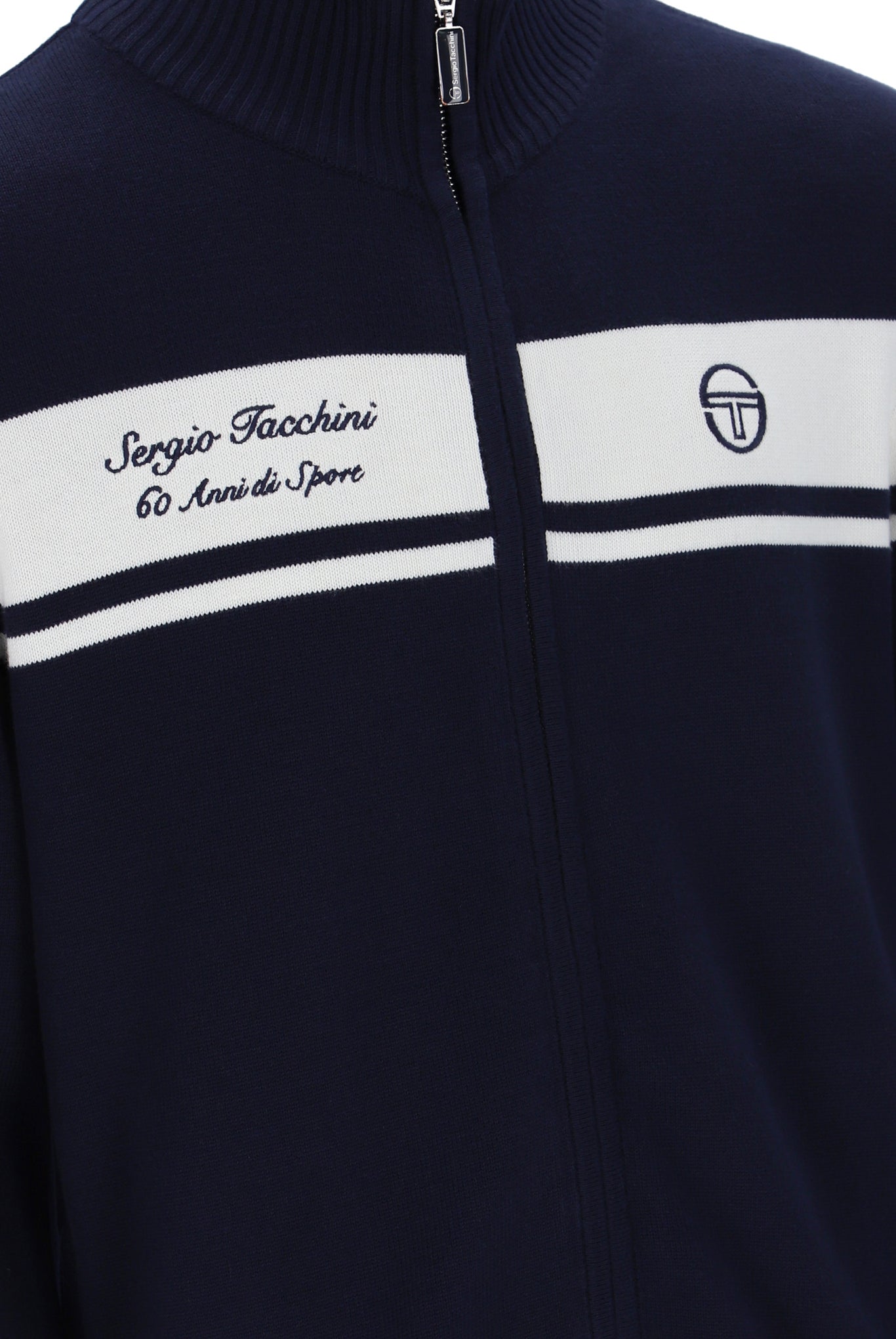 Sergio Tacchini 60th Anniversary Capomasters track top in maritime blue and gardenia, featuring a sporty design with logo details.