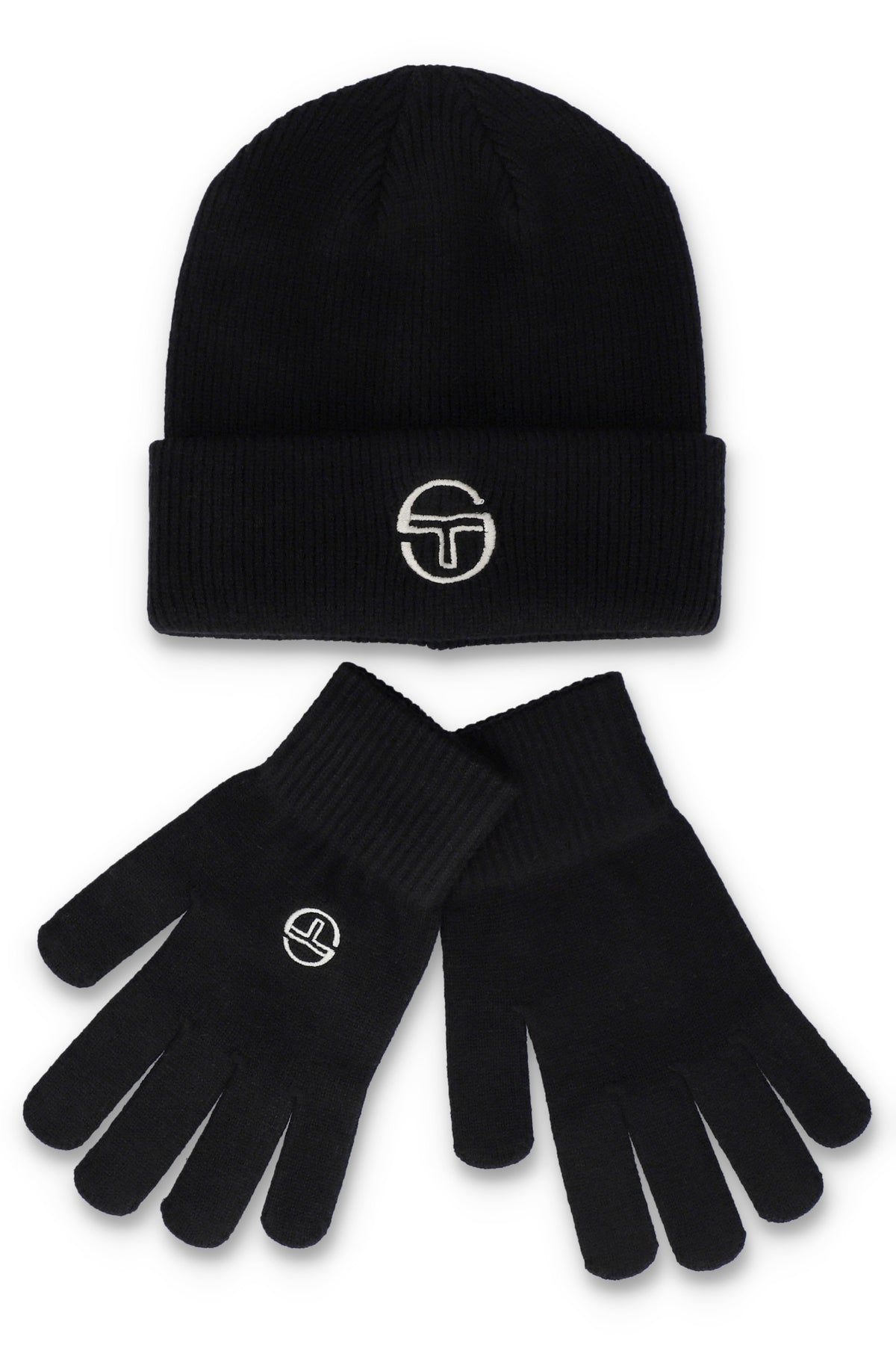 Sergio Tacchini Carrera black beanie and gloves set, cozy knit accessories for cold weather.