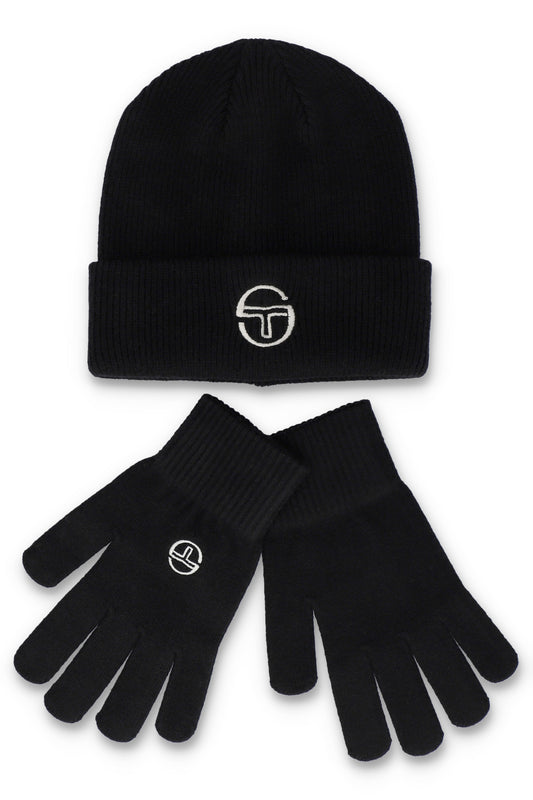 Sergio Tacchini Carrera black beanie and gloves set, cozy knit accessories for cold weather.