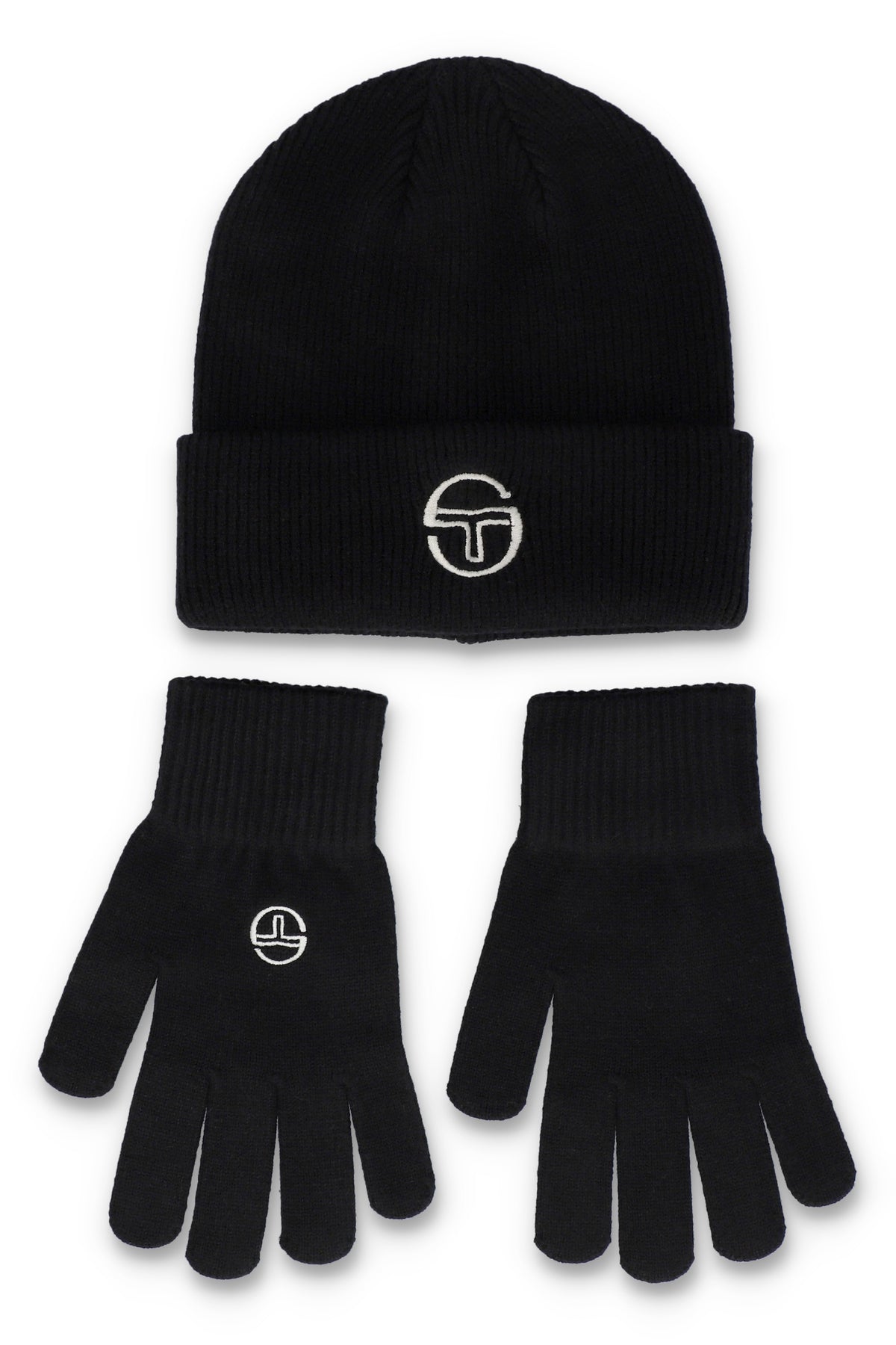 Black Sergio Tacchini Carrera beanie and gloves set, stylish winter apparel with brand logo, suitable for cold weather.