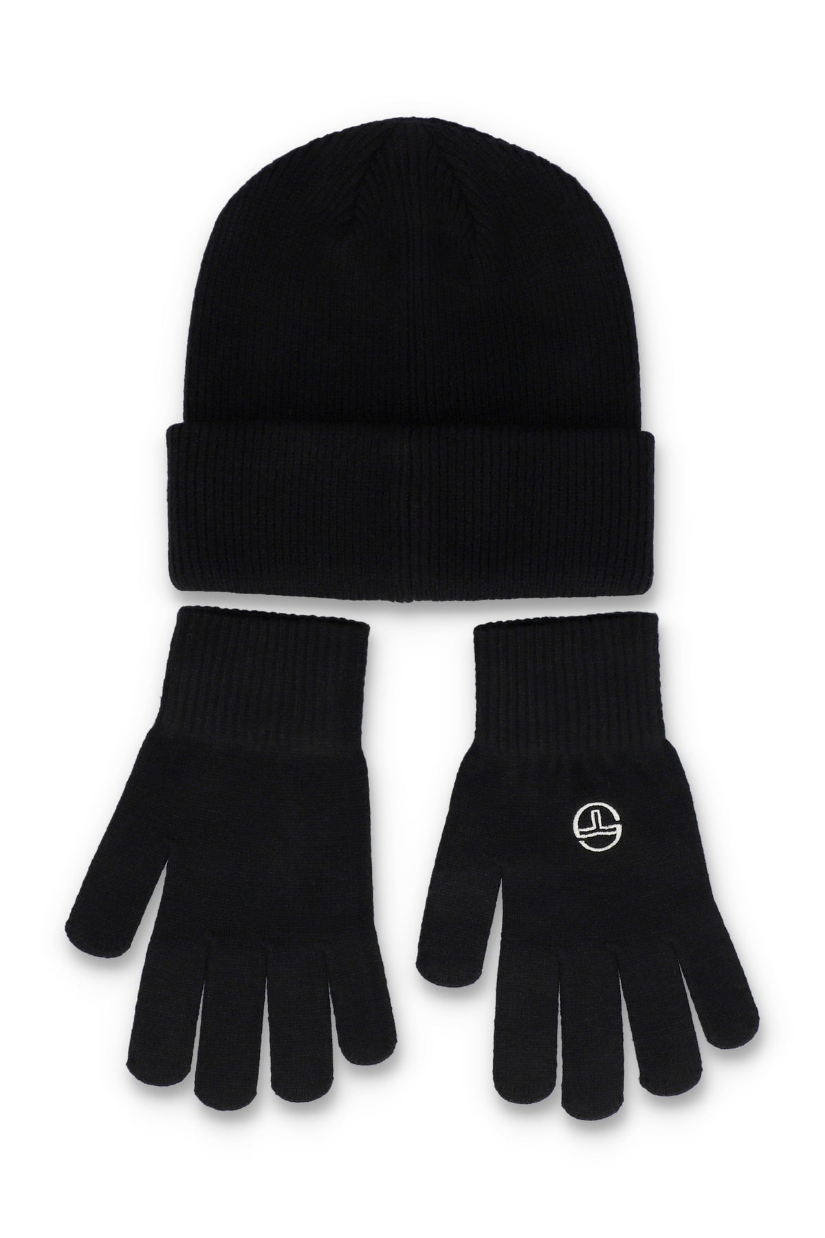 Sergio Tacchini Carrera black beanie and glove box set, soft knit accessories for cold weather.