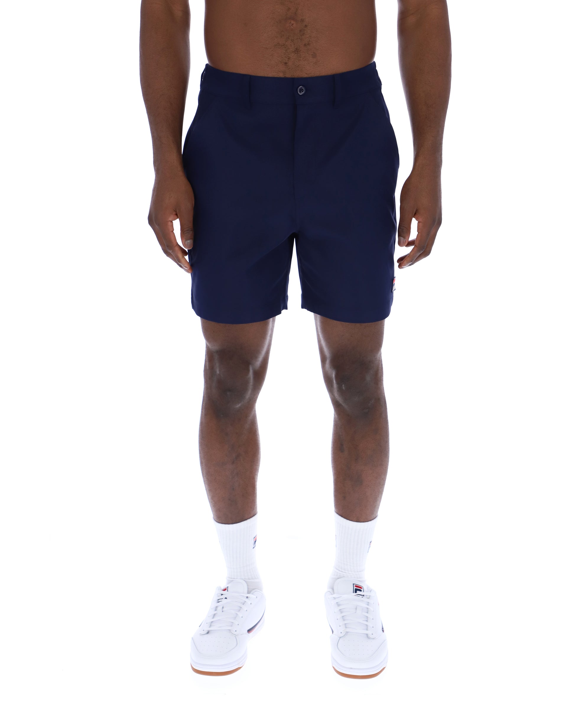 Fila Caruso chino shorts in navy color, casual fit with belt loops and front pockets, displayed on a neutral background.