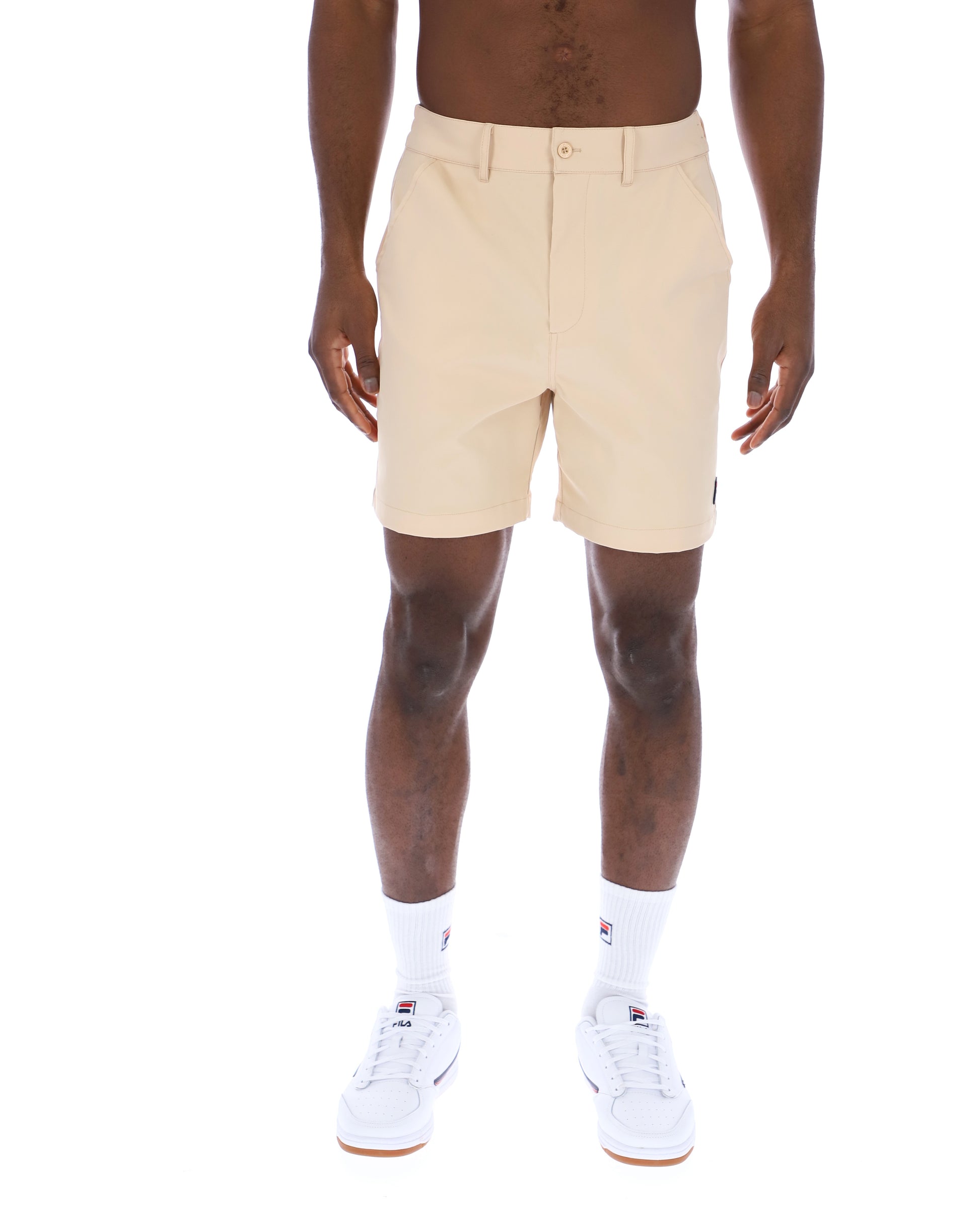 Beige Fila Caruso chino shorts with front pockets and belt loops, casual summer shorts for men.