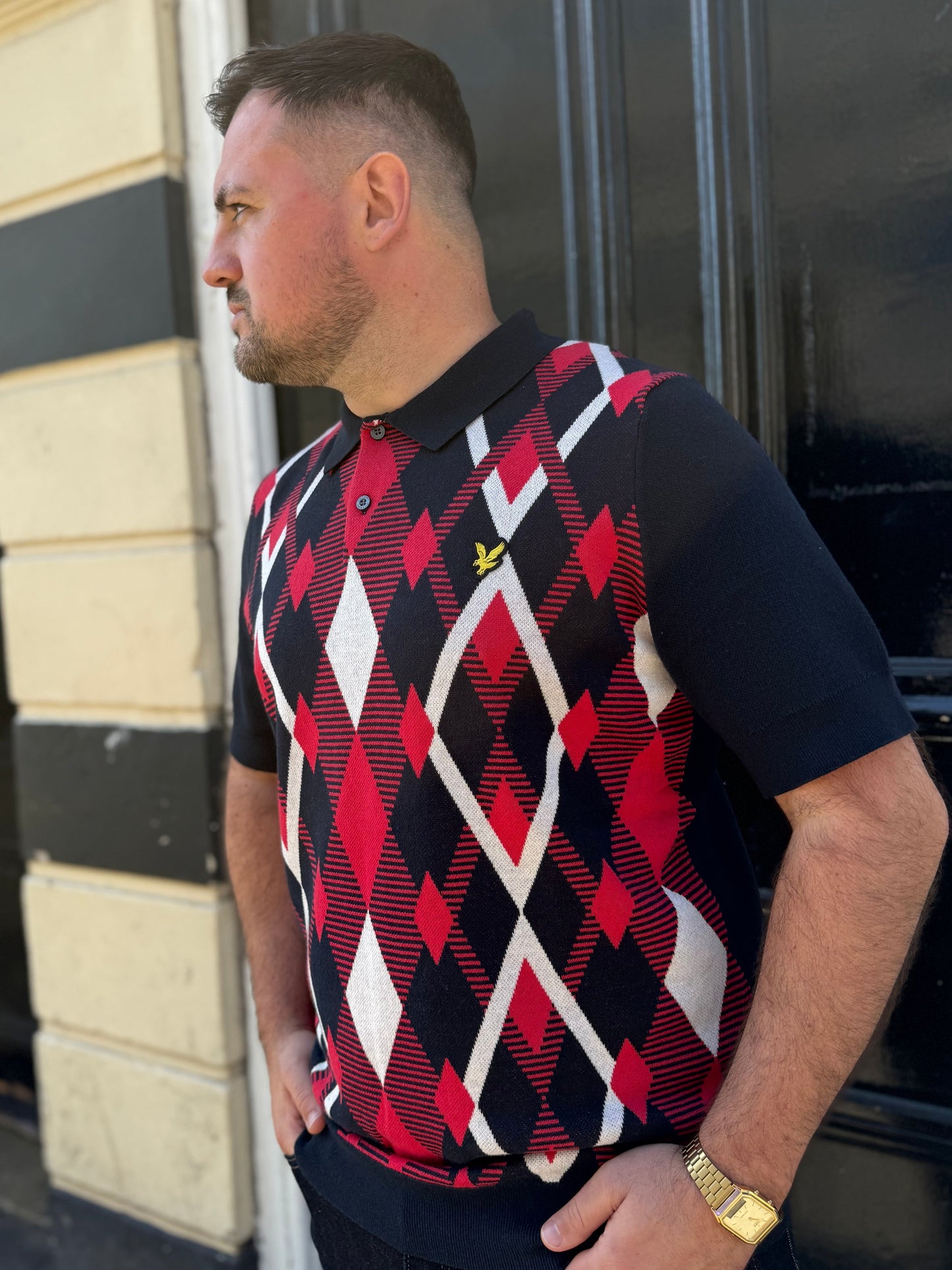 Lyle & Scott Cotton Argyle Short Sleeve Knitted Polo Dark Navy/Red Cherry