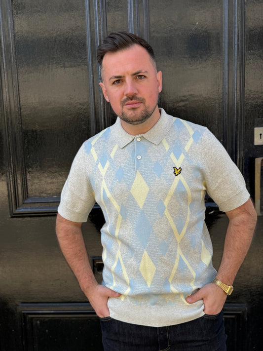 Lyle & Scott Cotton Argyle Short Sleeve Knitted Polo Light Grey Marl/ Opal Blue