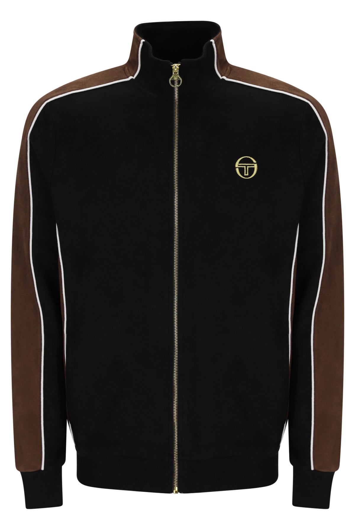 Black Sergio Tacchini Contrasto suede track top with contrasting panels in potting soil and gardenia, shown on a model.