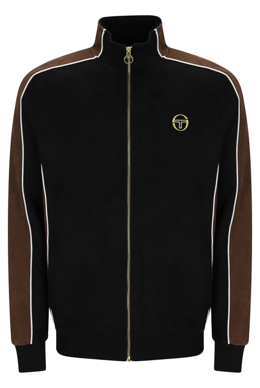 Black Sergio Tacchini Contrasto suede track top with contrasting panels in potting soil and gardenia, shown on a model.