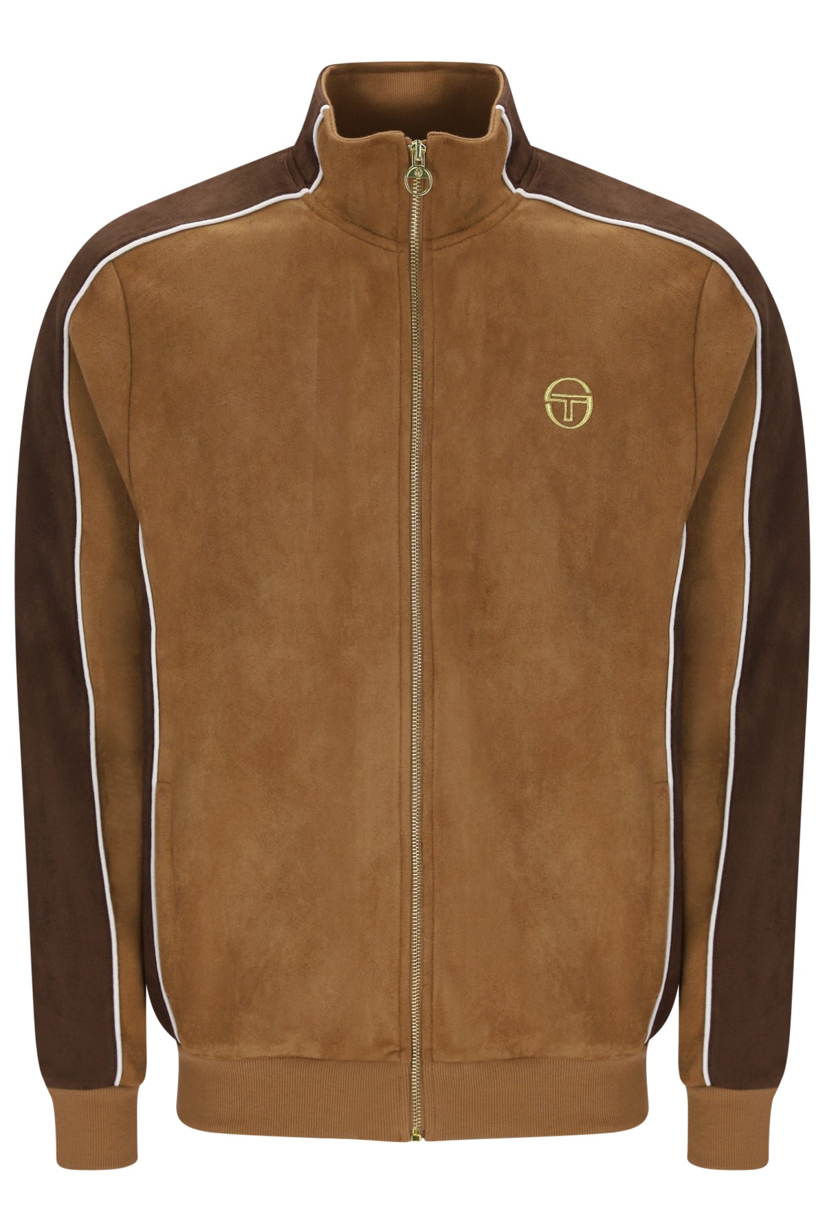 Sergio Tacchini Contrasto suede track top in golden brown, with contrasting details and a zip-up front.