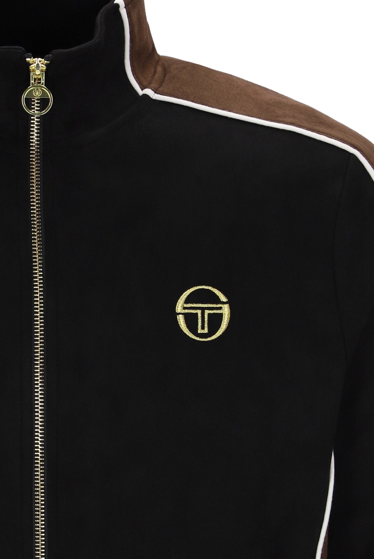Sergio Tacchini Contrasto suede track top in black, potting soil, and gardenia colors, shown on a hanger.