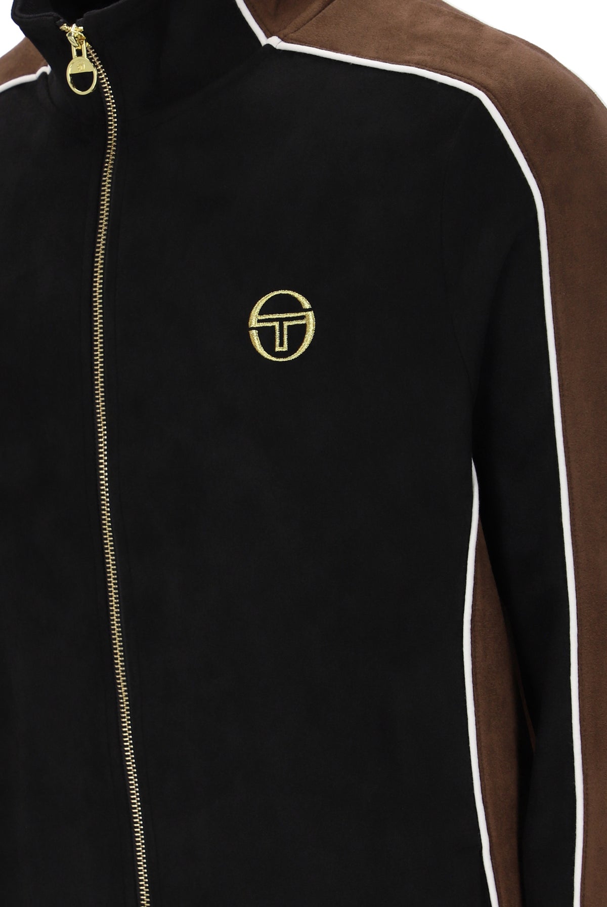 Black Sergio Tacchini Contrasto suede track top with contrasting color panels in potting soil and gardenia on a model.
