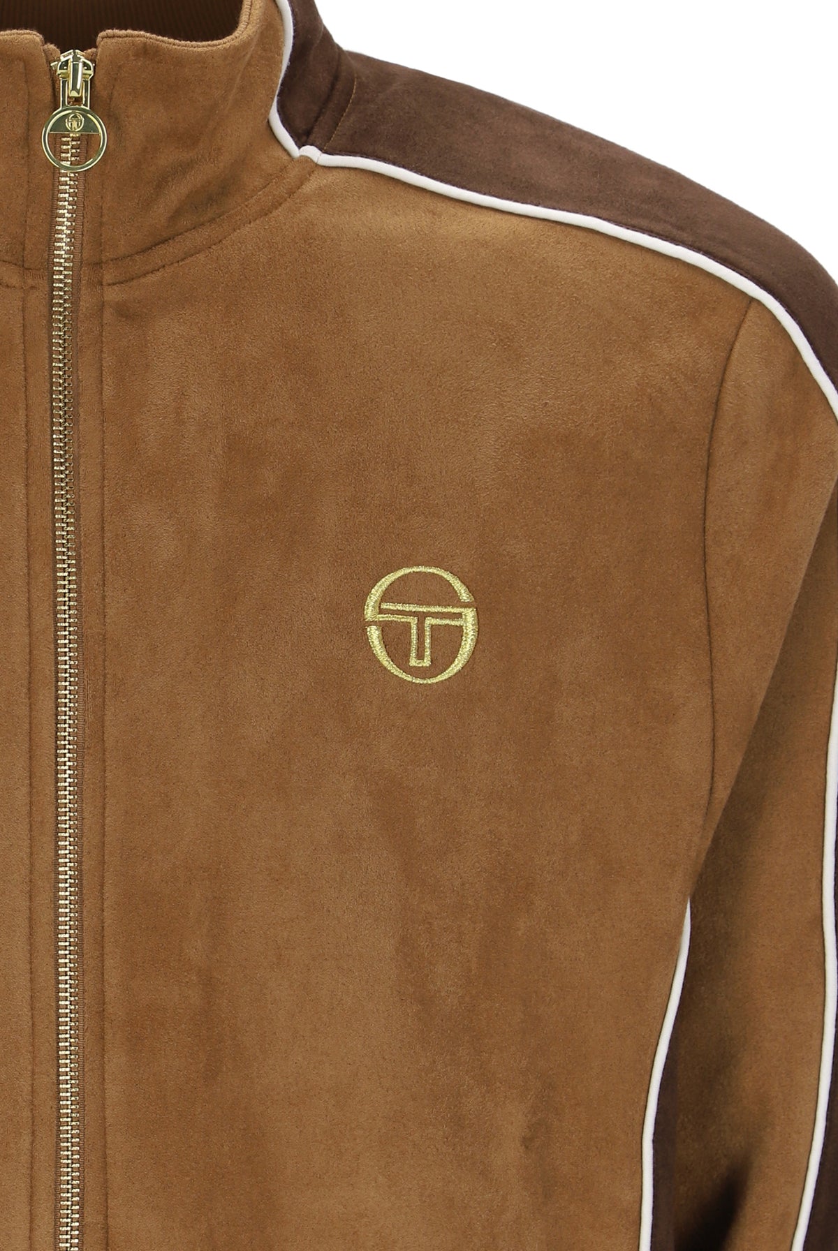 Sergio Tacchini Contrasto suede track top in golden brown with green and white accents, shown on a hanger.