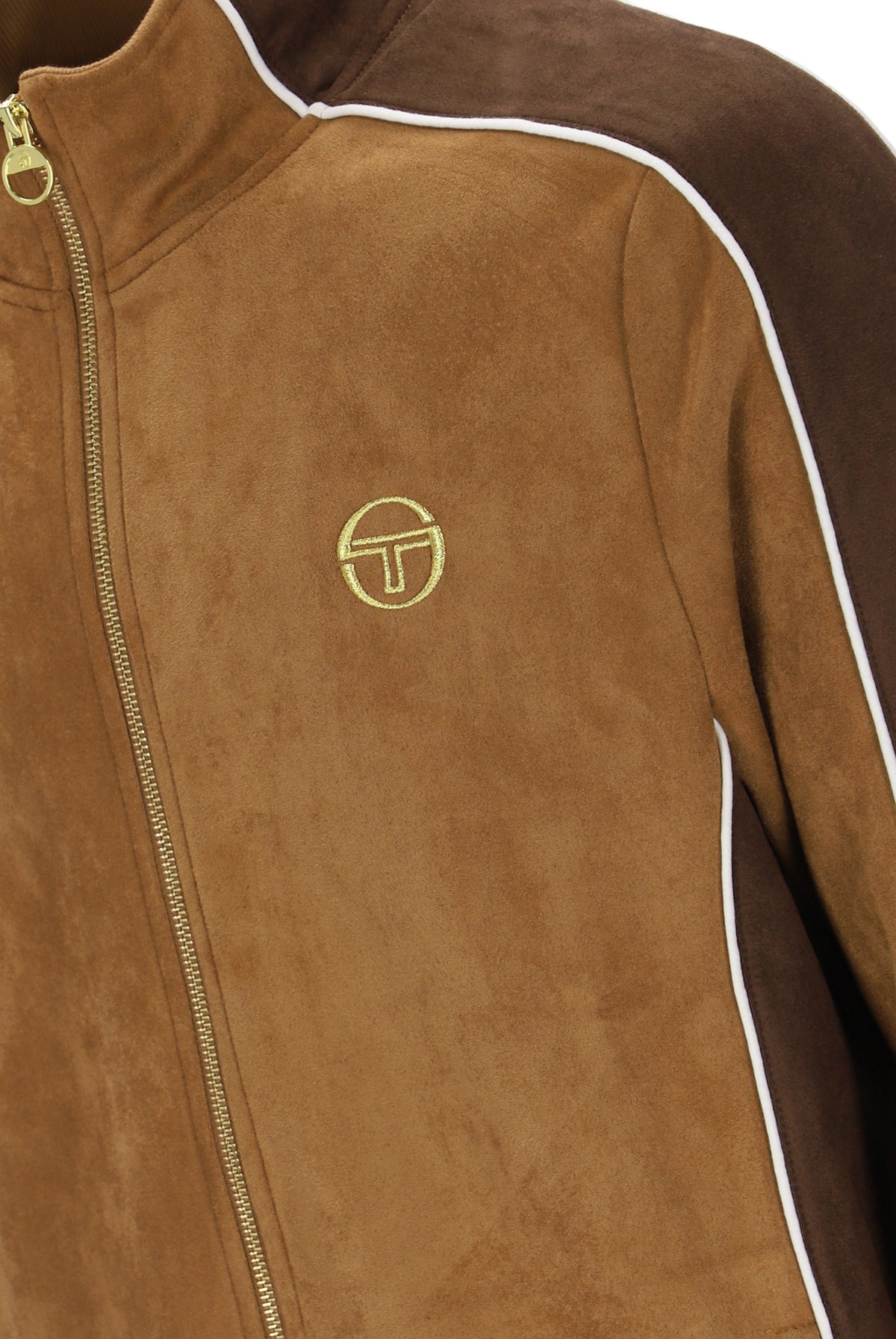 Sergio Tacchini Contrasto suede track top in golden brown with contrasting color details and a zip-up front.