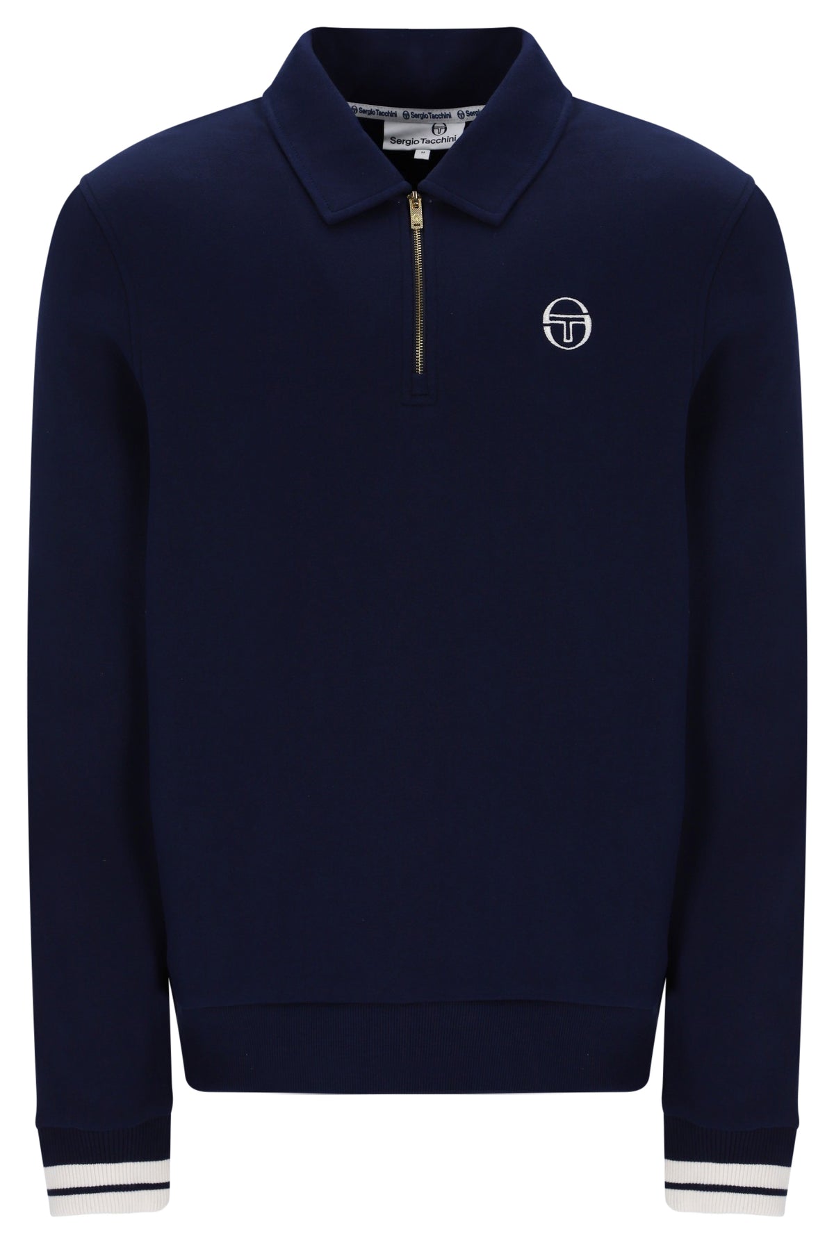 Sergio Tacchini Court quarter zip polo sweatshirt in maritime blue and gardenia, knitwear with a quarter zip collar and logo details.