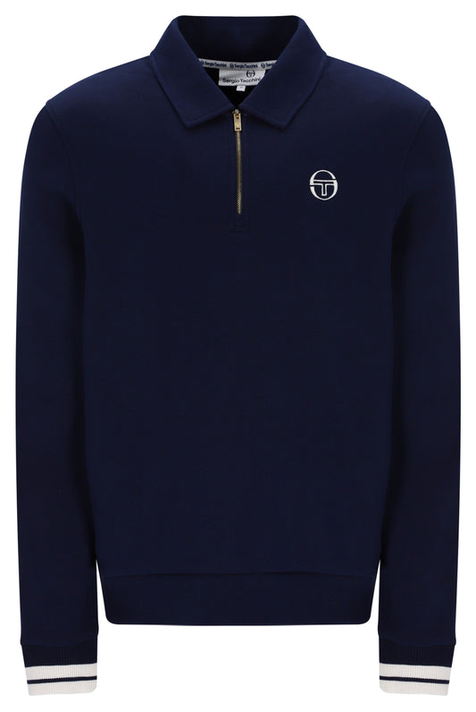 Sergio Tacchini Court quarter zip polo sweatshirt in maritime blue and gardenia, knitwear with a quarter zip collar and logo details.
