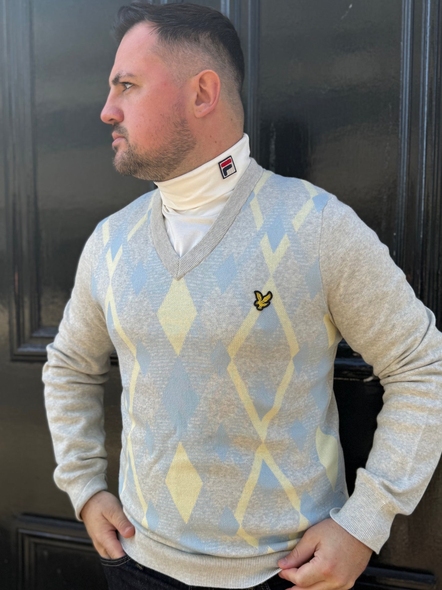 Lyle & Scott Cotton Argyle V Neck Jumper Light Grey Marl/ Opal Blue