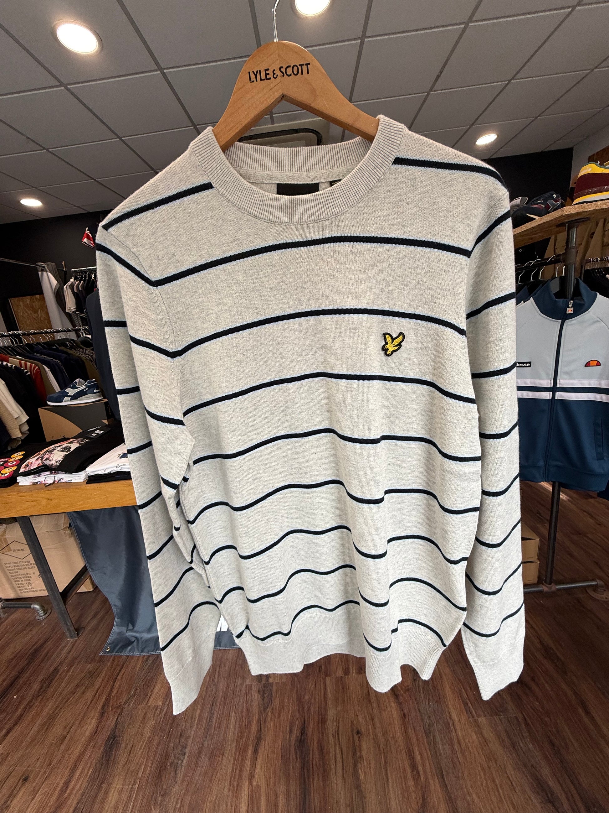 Lyle & Scott Cotton Striped Crew Neck Jumper Light Grey Marl - RD1 Clothing