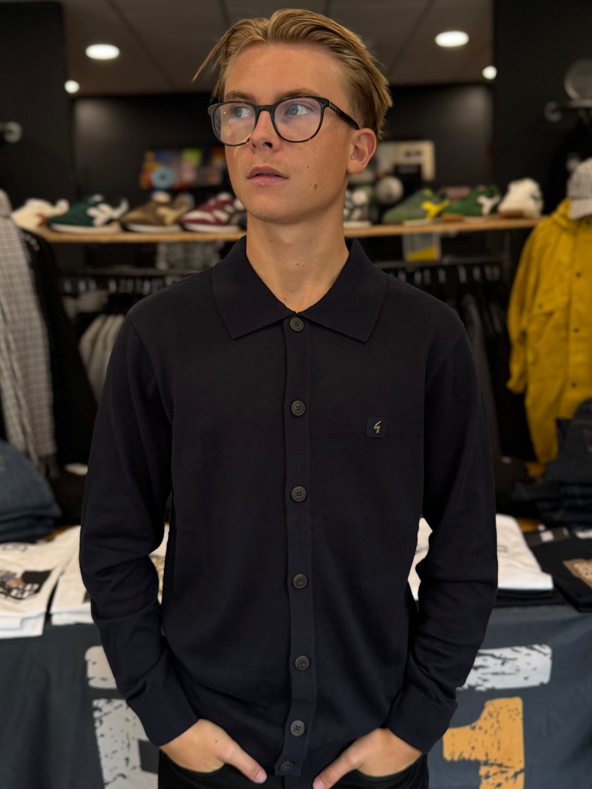 Gabicci Vintage Azima Button Through Long Sleeve Knitted Polo Navy