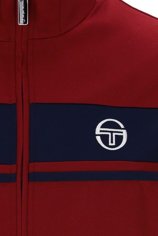 Sergio Tacchini Damarindo Track Top in Merlot and Maritime Blue, front view showing lightweight fabric and sporty design.