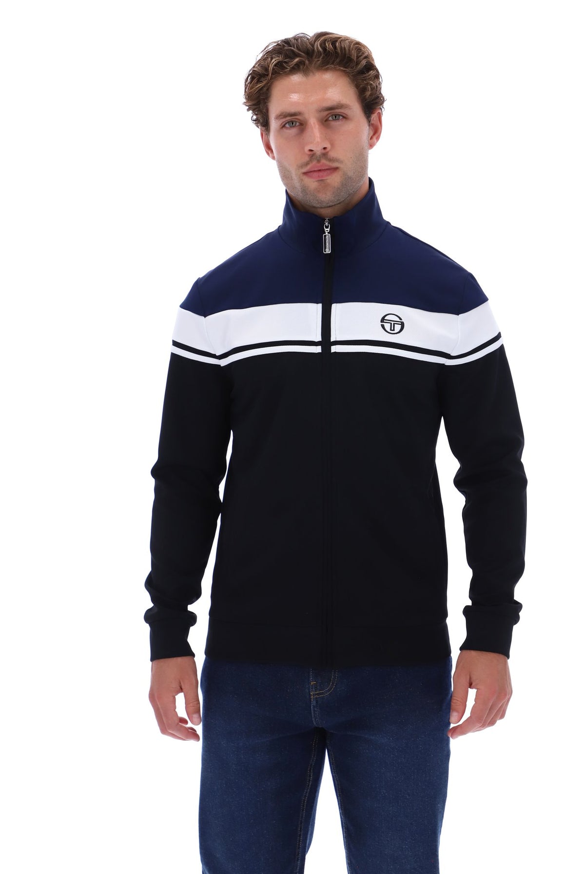 Sergio Tacchini Damarindo track top in maritime blue, white, and black with sporty design and logo details.
