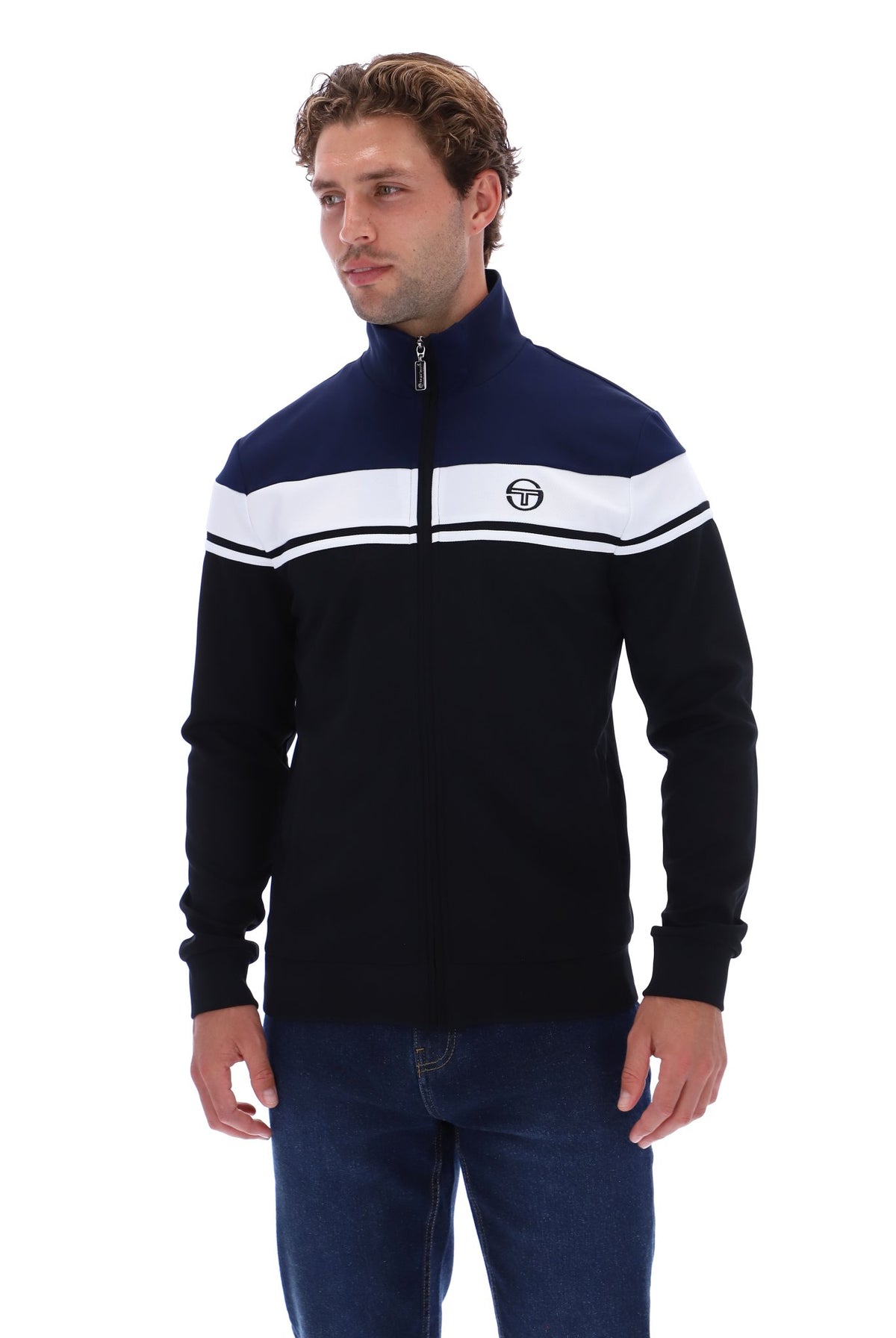 Sergio Tacchini Damarindo track top in maritime blue, white, and black with sporty design and logo details.
