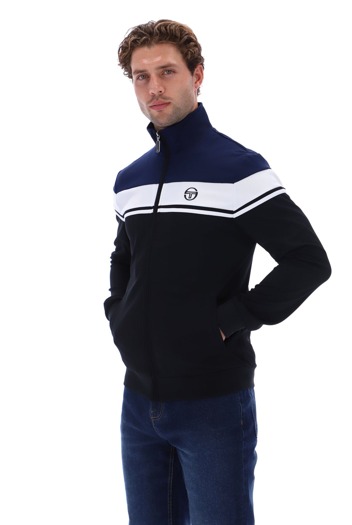 Sergio Tacchini Damarindo track top in maritime blue, white, and black with zip-up front and sporty design.