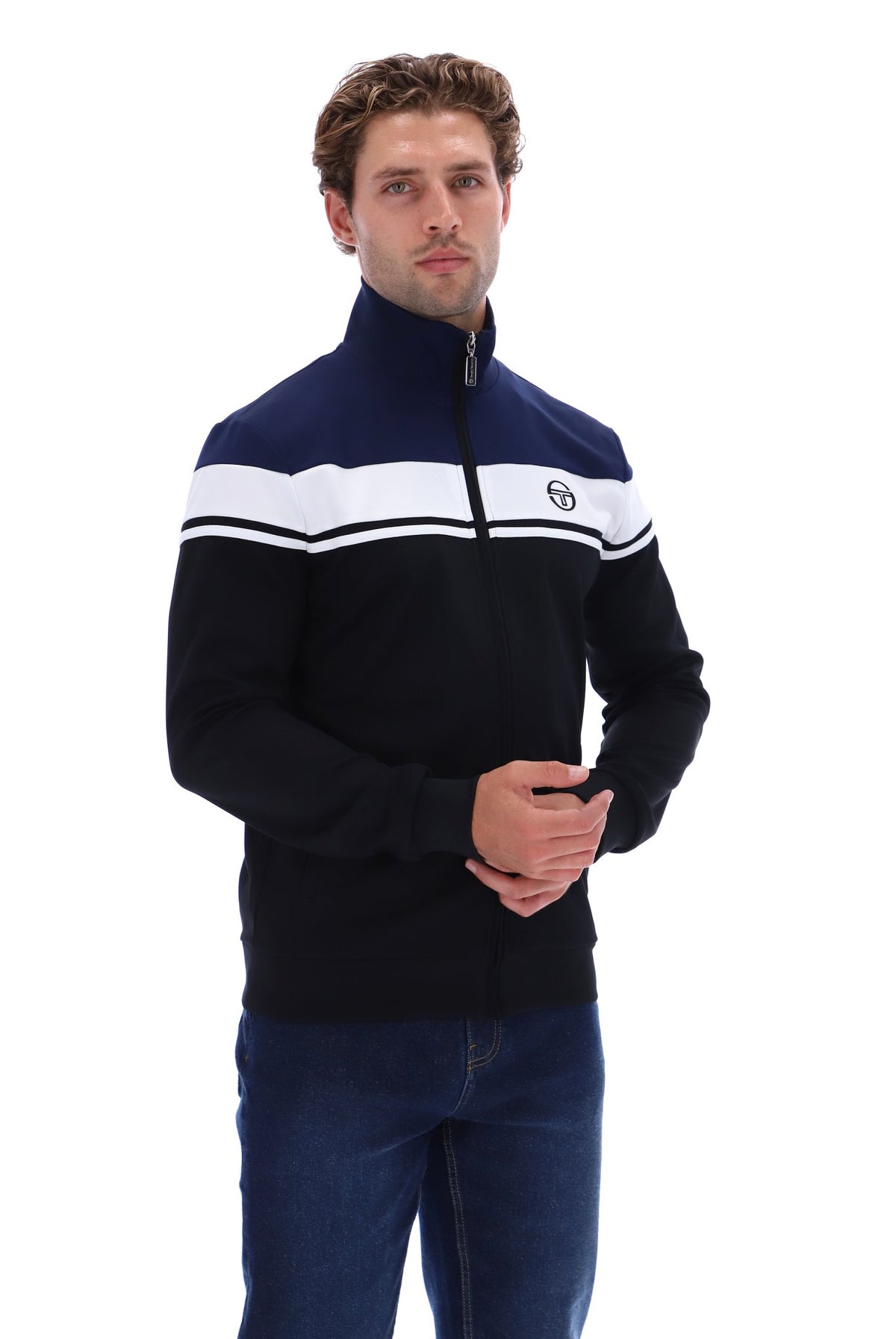 Sergio Tacchini Damarindo track top in maritime blue, white, and black with sporty design and brand logo on the front.
