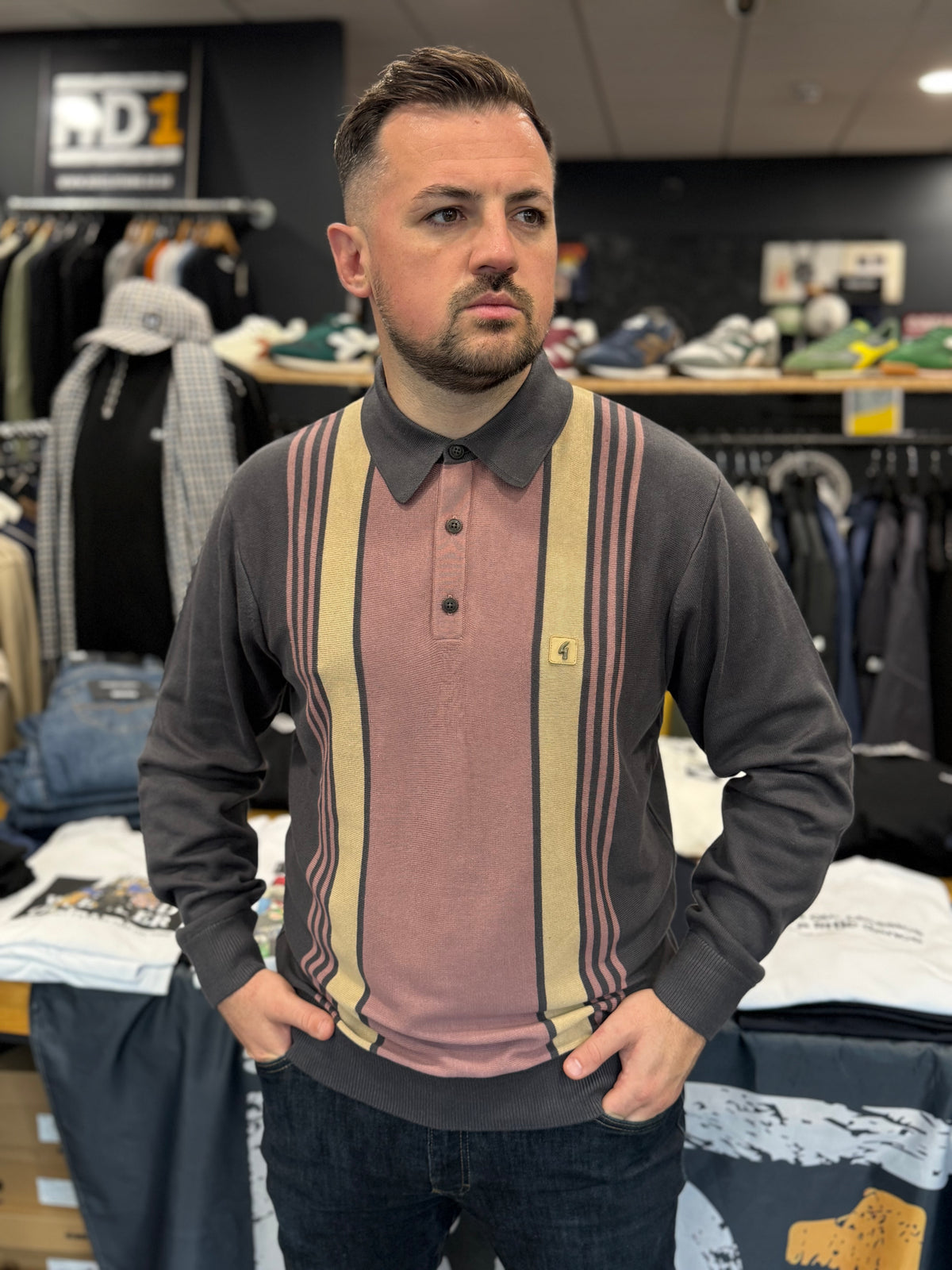 Gabicci Vintage Searle Stripe Knitted Polo Charcoal