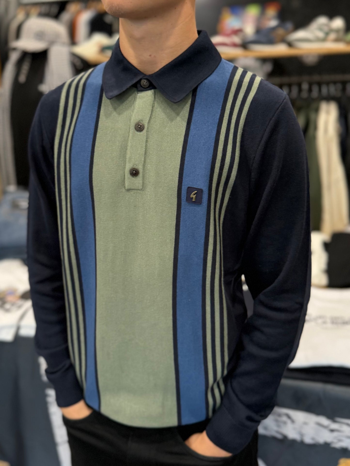 Gabicci Vintage Searle Stripe Knitted Polo Navy
