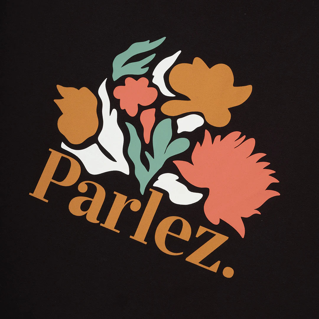 Black Parlez Eldora T-Shirt by RD1 Clothing, featuring a comfortable fit and classic design, displayed on a hanger.
