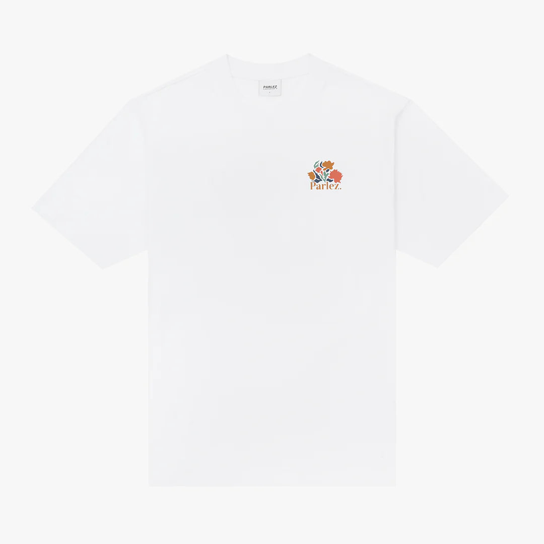 White Parlez Eldora T-Shirt by RD1 Clothing, featuring a casual fit with the brand logo on the front.