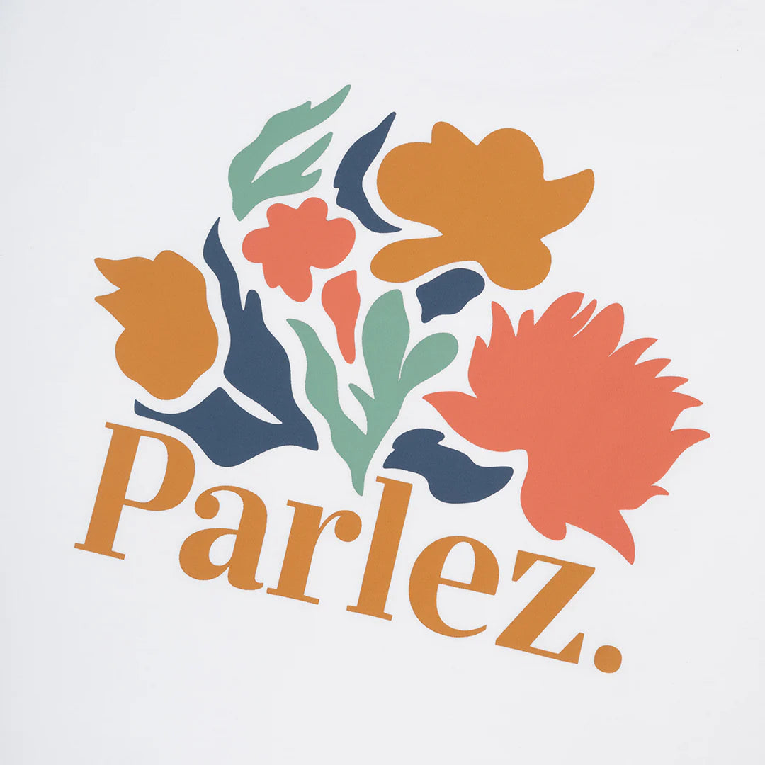 White Parlez Eldora T-Shirt by RD1 Clothing featuring a casual fit and simple design on a clean background.
