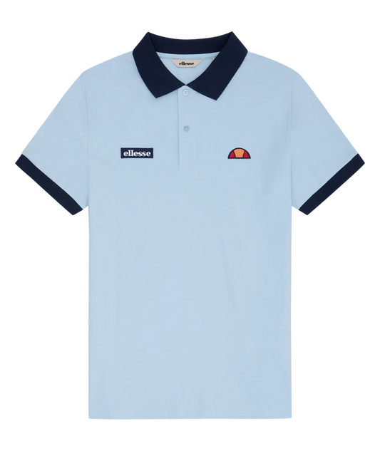 Ellesse Lessepsia men's polo shirt in light blue and navy, flat lay showing collar and button placket.