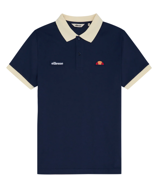 Ellesse Lessepsia polo shirt in navy and light yellow, men's casual polo with branding and classic design, flat lay image.
