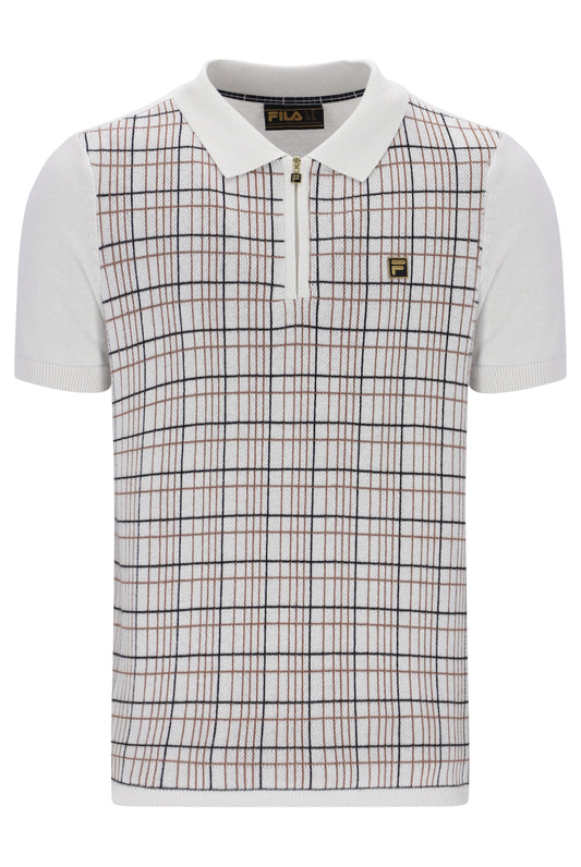 Fila Gold Enzo Knitted Check Zip Polo Shirt White Down