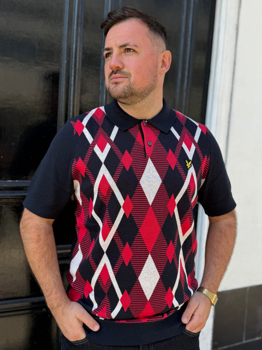 Lyle & Scott Cotton Argyle Short Sleeve Knitted Polo Dark Navy/Red Cherry