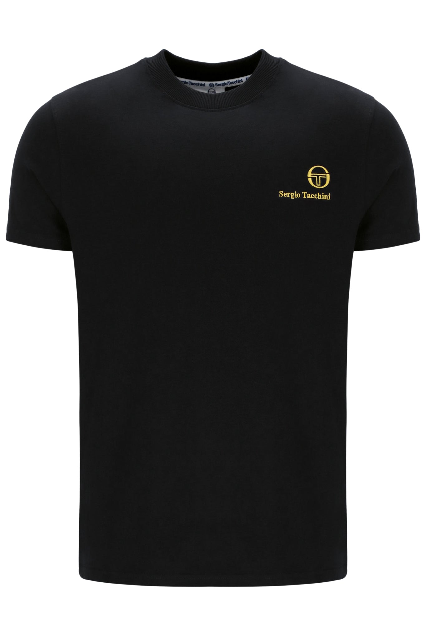 Black and gold Sergio Tacchini Felton T-Shirt displayed flat, showing the classic crew neck and logo details.