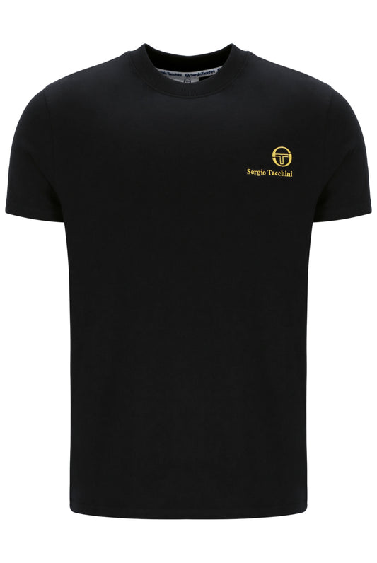 Black and gold Sergio Tacchini Felton T-Shirt displayed flat, showing the classic crew neck and logo details.