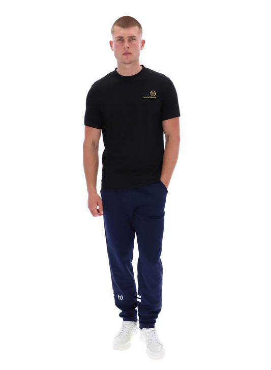 Black and gold Sergio Tacchini Felton T-Shirt, front view showing classic fit and brand logo on the chest.