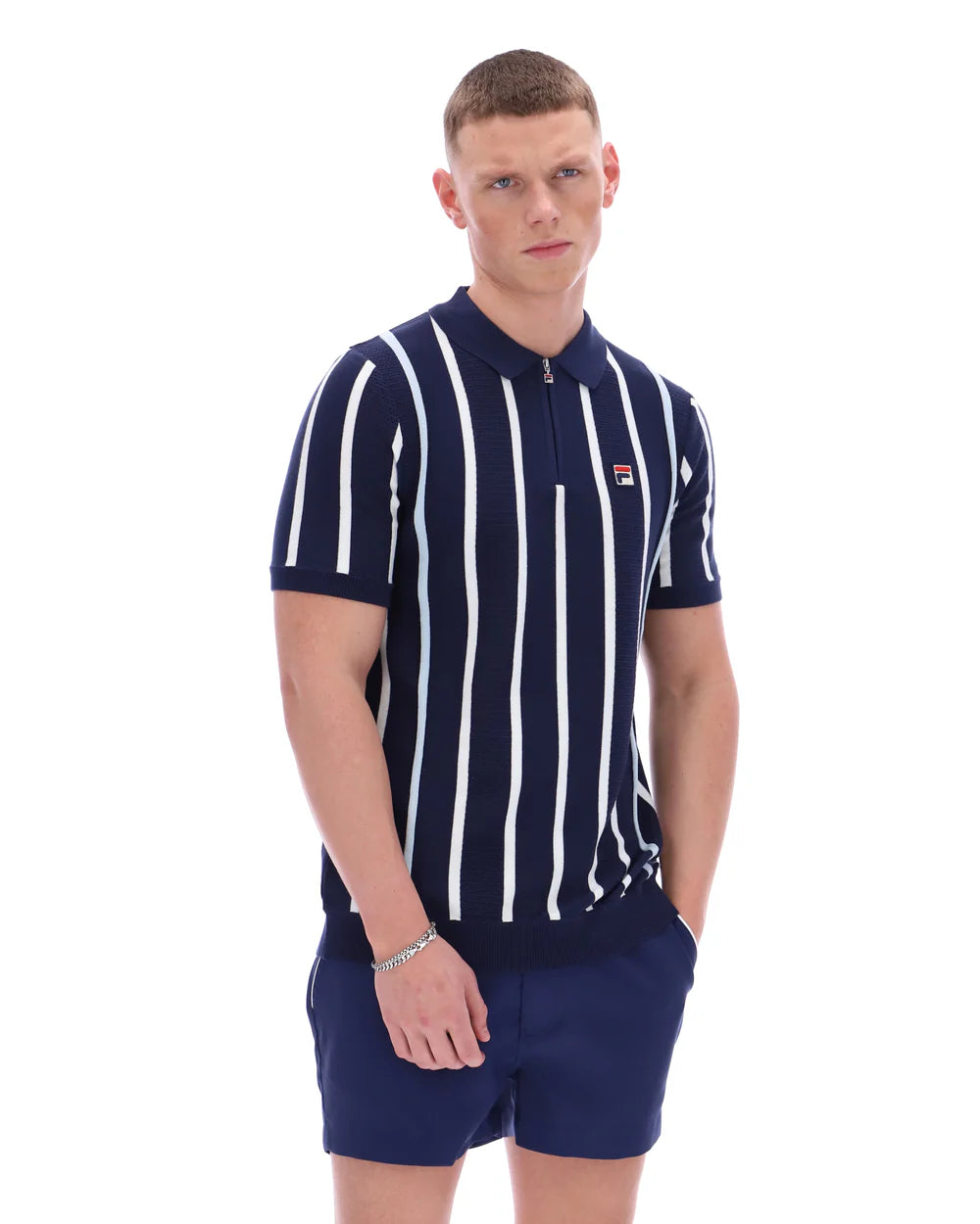 Fila Giorgio Crochet Patchwork Knitted Polo in Navy