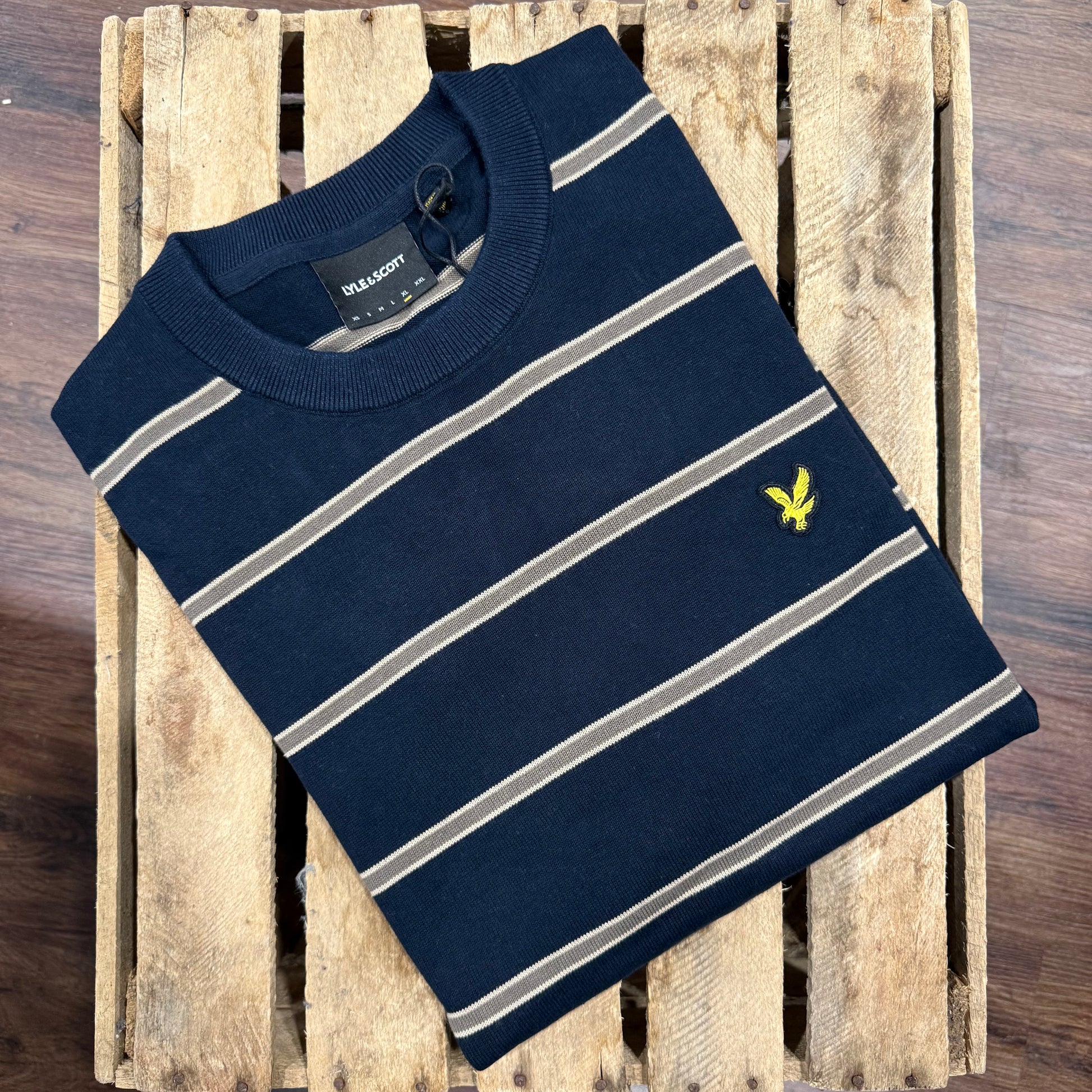 Lyle & Scott Cotton Striped Crew Neck Jumper Navy - RD1 Clothing