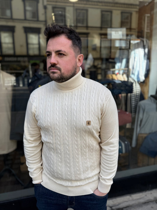 Gabicci Vintage Leonardo Long Sleeve Knitted Roll Neck Sweater Cream - RD1 Clothing