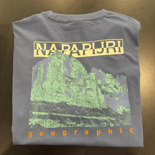 Napapijri Mirada back graphic T-shirt in blue, showing a full view of the casual crewneck tee with graphic design on the back.
