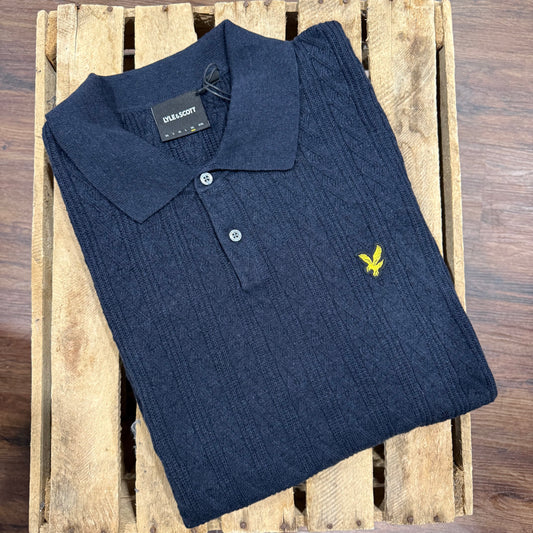Lyle & Scott Linen Blend Short Sleeve Knitted Polo Navy Marl - RD1 Clothing