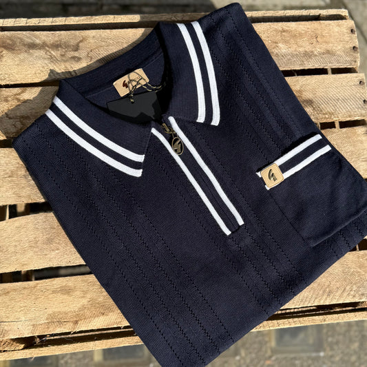 Gabicci Vintage Johnson Knitted Zip Polo Navy - RD1 Clothing