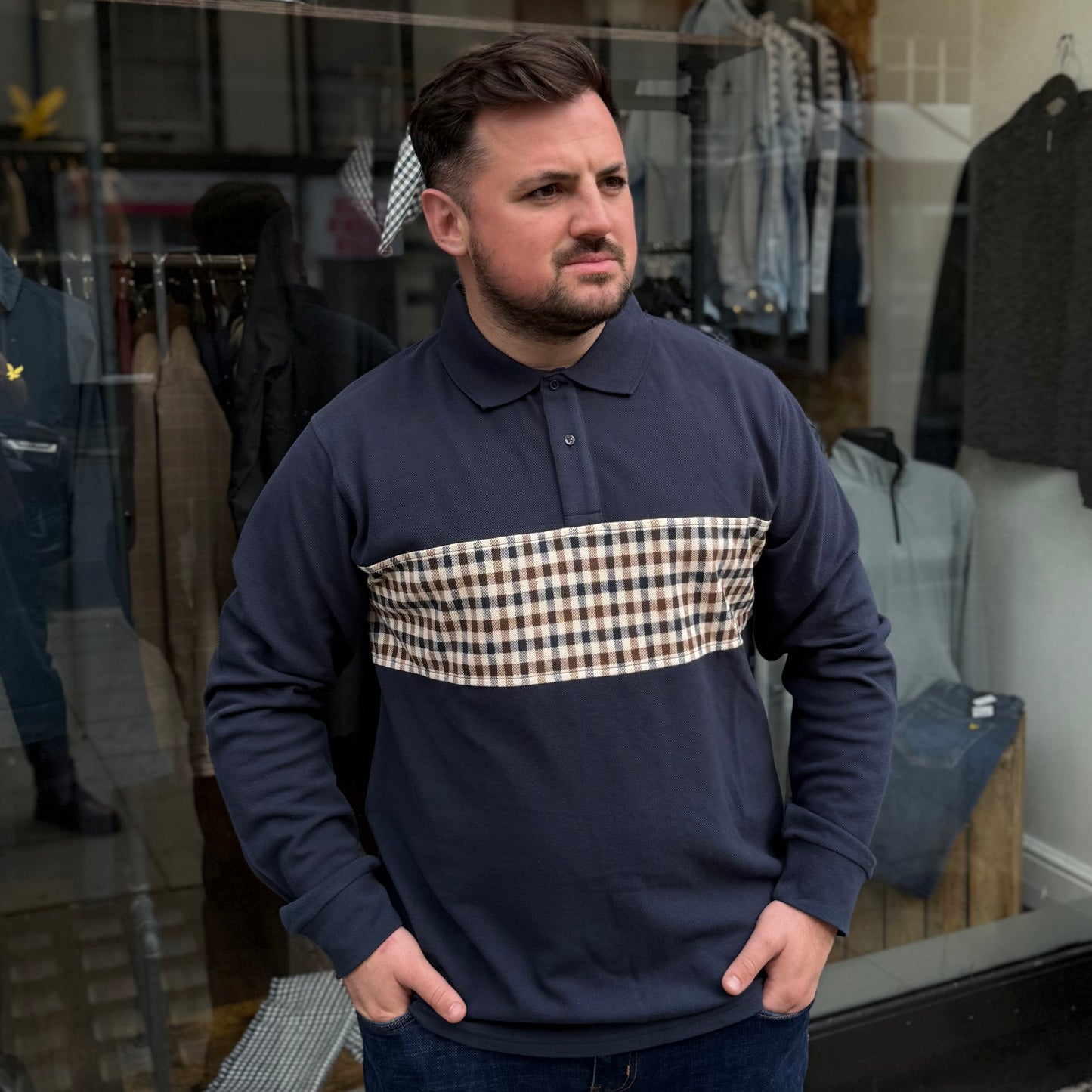 Aquascutum Active Club Check Stripe Long Sleeve Polo Navy