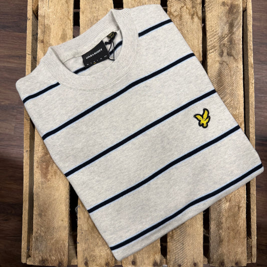 Lyle & Scott Cotton Striped Crew Neck Jumper Light Grey Marl - RD1 Clothing