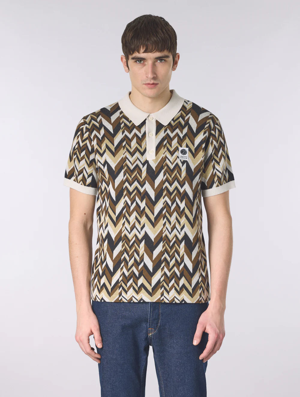 Pretty Green Starship Short Sleeve Knit Polo Stone